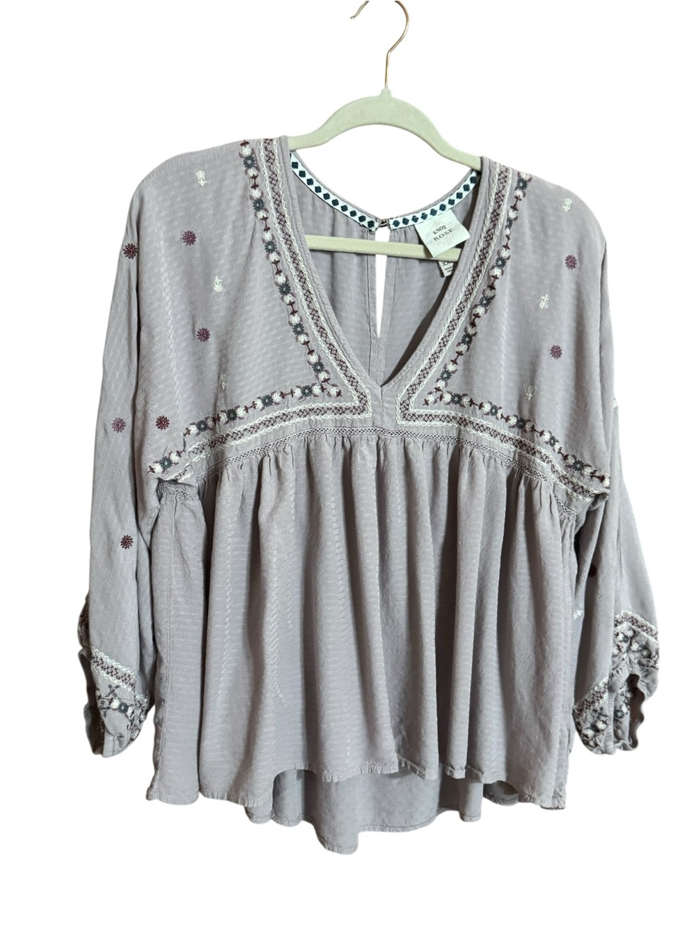 Knox Rose Pheasant Floral Embroidered V Neck Top Sz XXL